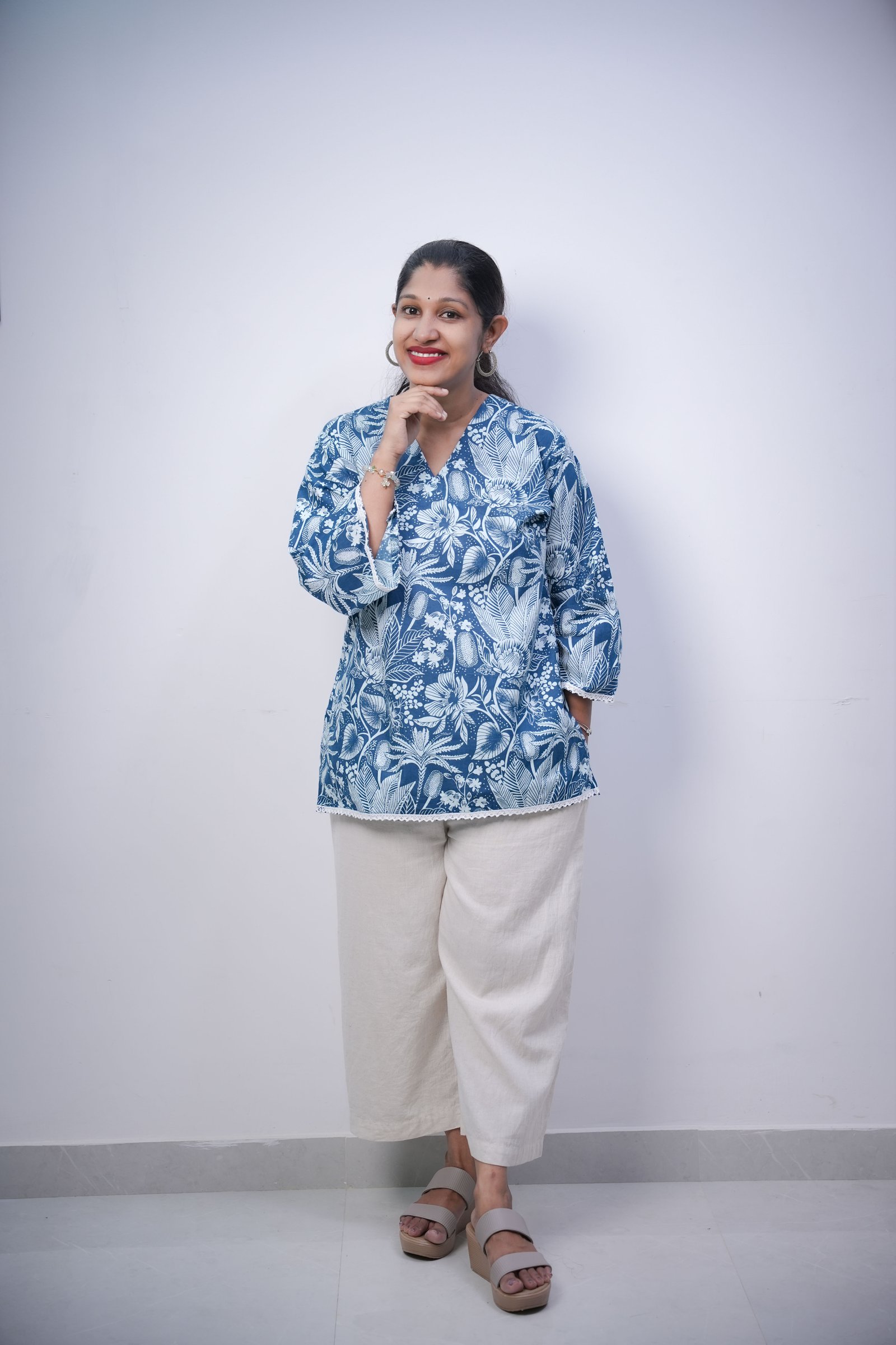 Indigo Blue Floral Block Print Cotton Short Kurti